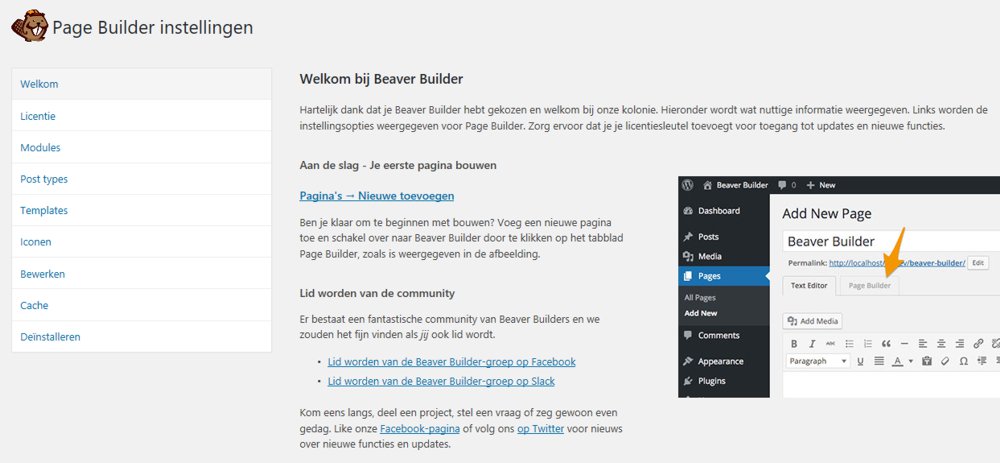 Beaver Builder opent direct het instellingen venster