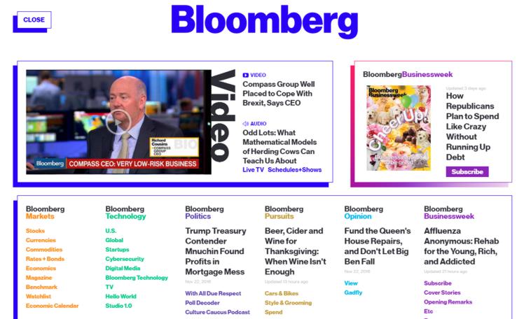 Bij het website maken kun je je laten inspireren door het uitgesproken kleurgebruik op een mainstream website als Bloomberg.