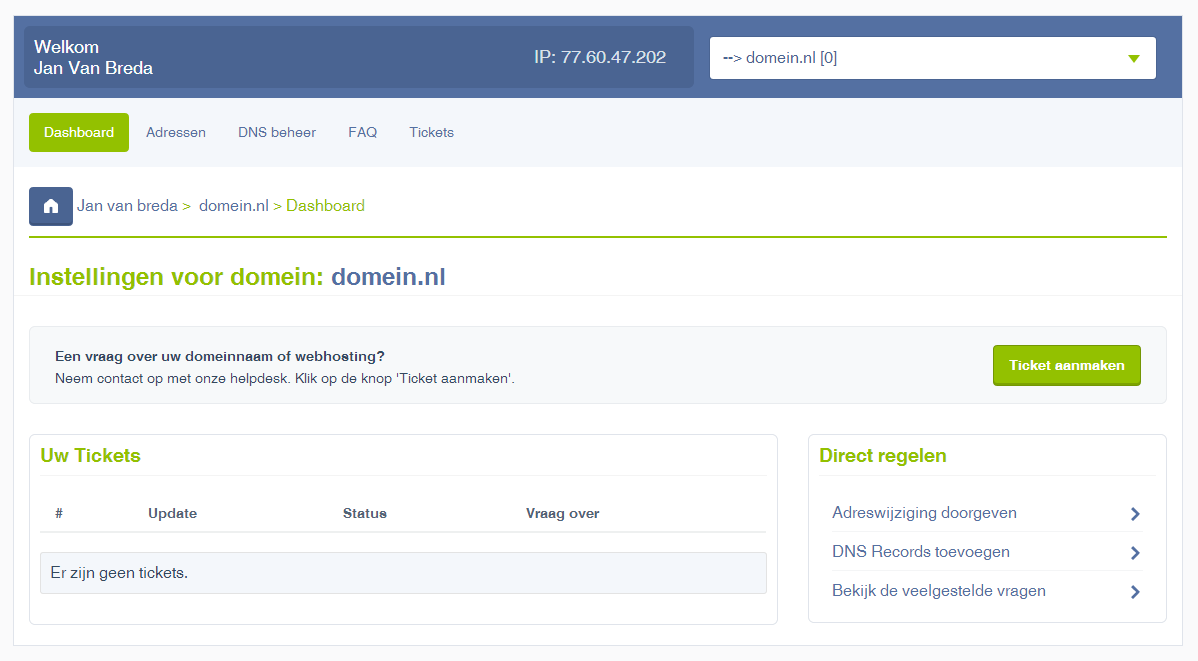 Hoofdmenu van de Hosting2GO Helpdesk