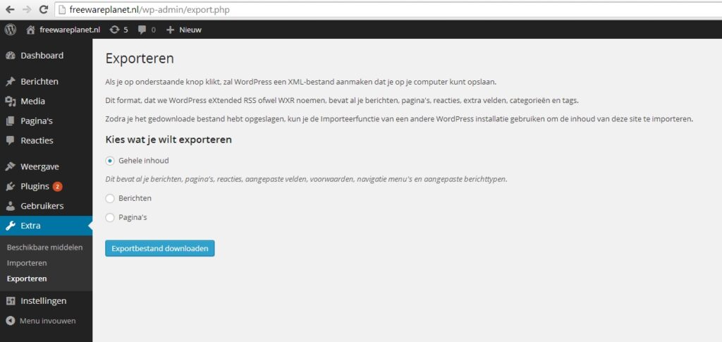 WordPress biedt zelf ook beperkte mogelijkheden om een WordPress-site te backuppen.