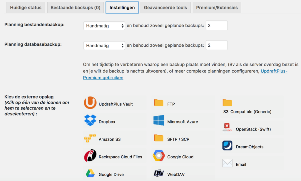 Maak een back-up van WordPress via Updraft Plus.