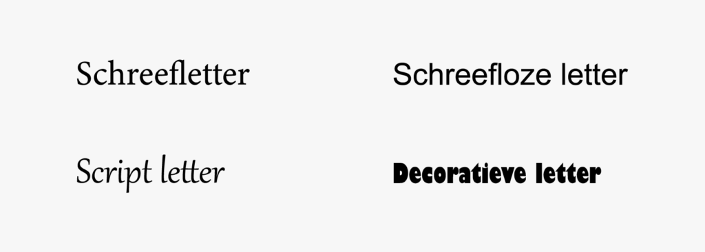 Er zijn verschillende soorten lettertypen; schreefletters, maar ook schreefloze, script en decoratieve letters.