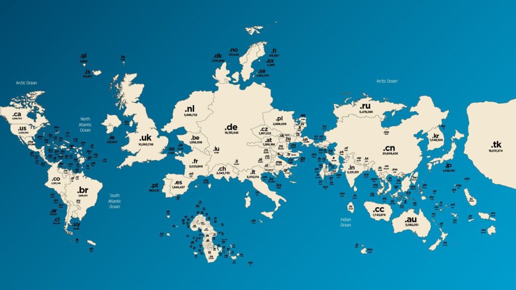 Wereldkaart van toplevels per land op basis van grootte TLD.