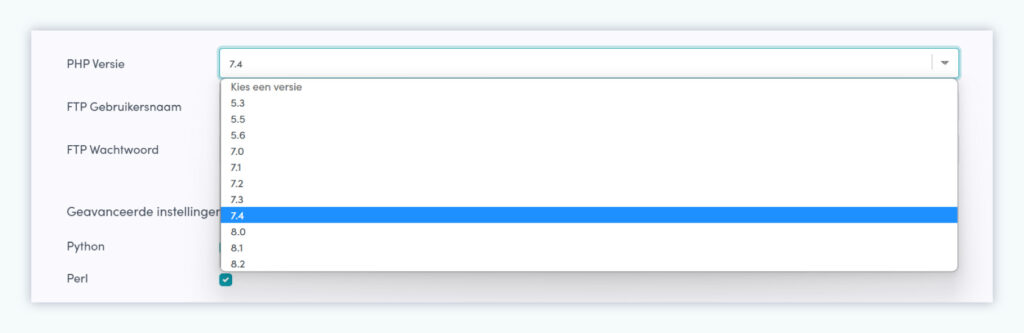 PHP-versie voor je website wijzigen.