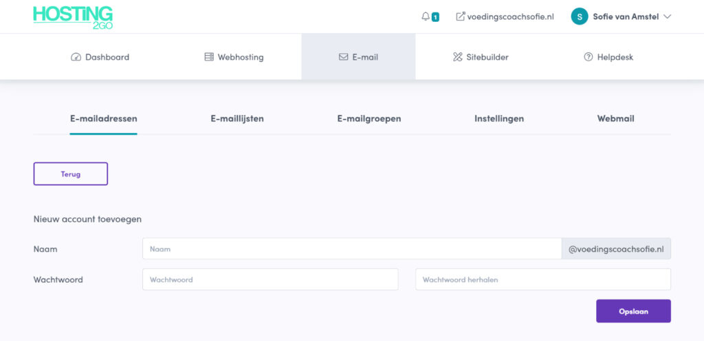 E-mailadres aanmaken in het Hosting2GO Control Panel.