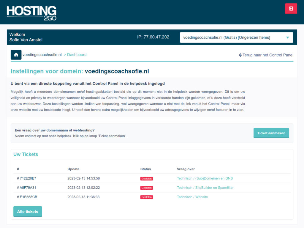 Webhosting bestellen zonder helpdesk is niet verstandig. Hosting2GO heeft een helpdesk die maandag tot en met zondag bereikbaar is.