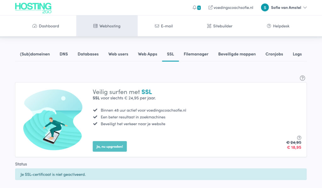 Activeer je SSL-certificaat in het webhosting control panel.