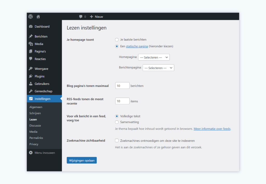 WordPress homepage instellingen.