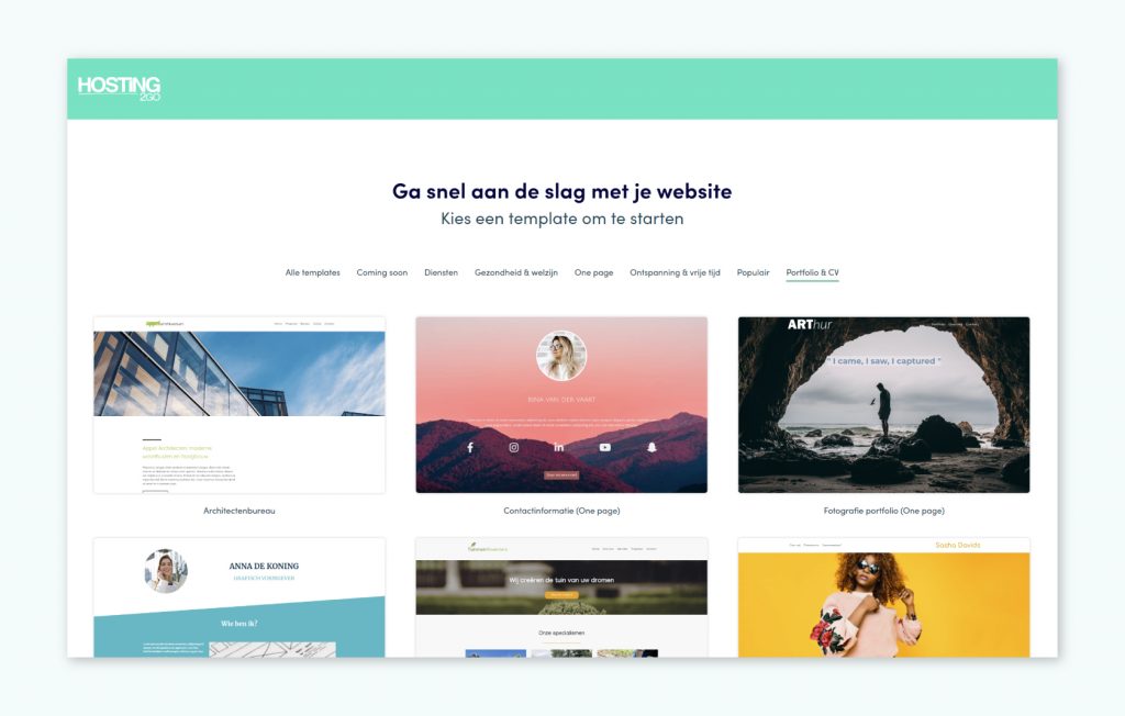 Een overzicht van portfolio website templates in Hosting2GO Sitebuilder.