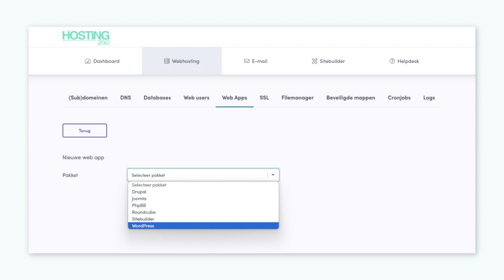 WordPress installeren via Web Apps bij Hosting2GO.
