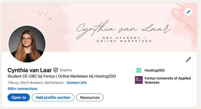 Een screenshot van het LinkedIn profiel van de online marketeer van Hosting2GO