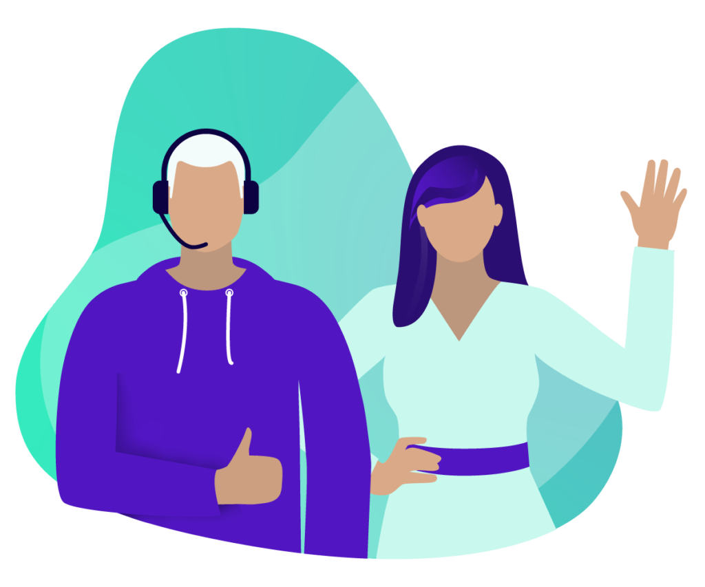 Illustratie van twee helpdeskmedewerkers met headset, een van hen zwaait
