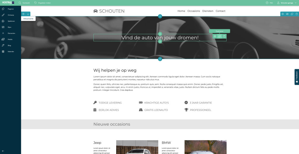 Voorbeeldwebsite in de Sitebuilder-editor