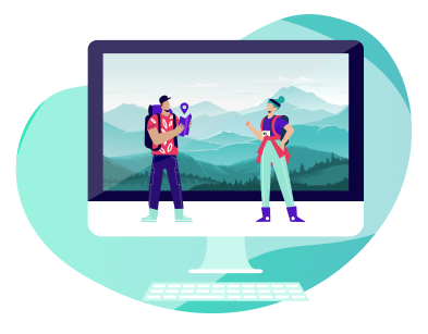 Illustratie van twee wandelaars in een berglandschap op een computerscherm