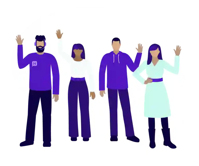 Illustratie van vier collega’s van Hosting2GO die zwaaien
